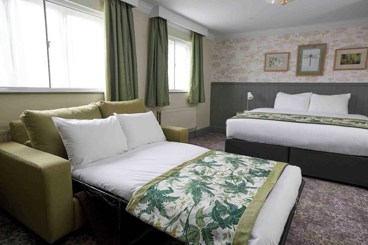 A hotel room with a bed, a sofa, and a window with curtains.