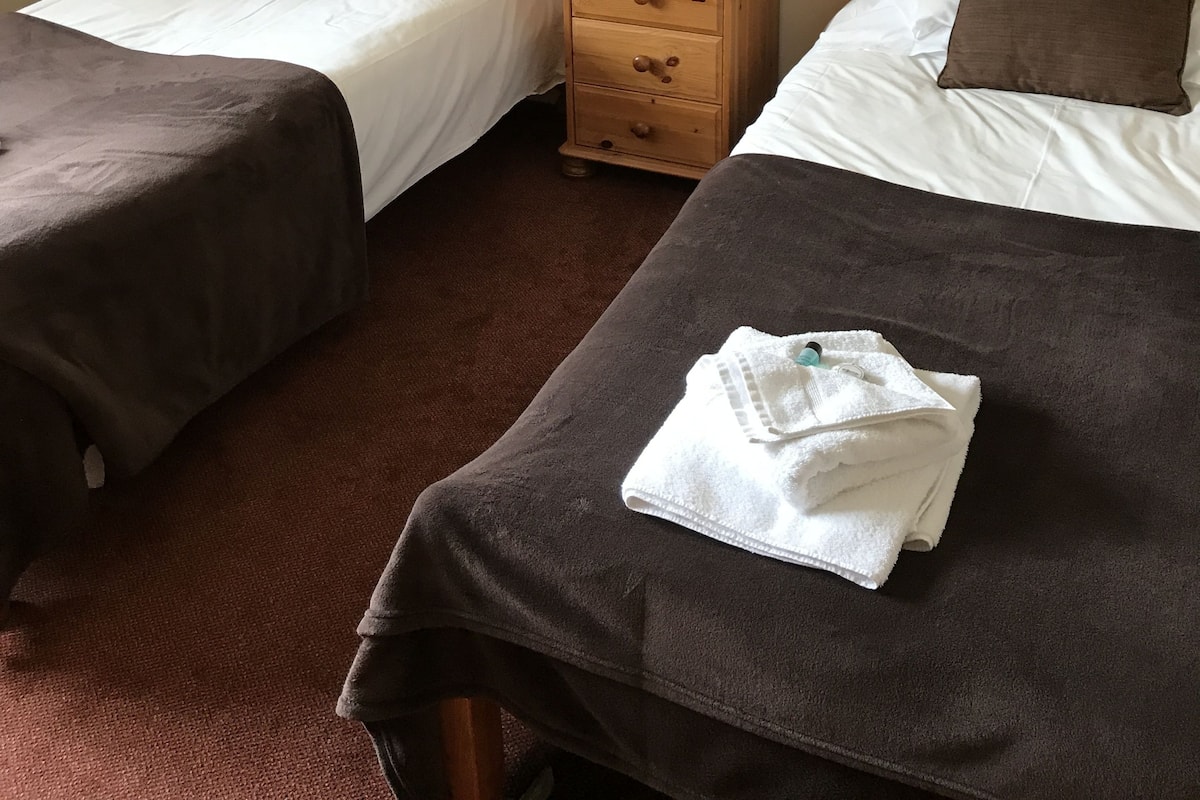 A hotel room with two beds, each with a wooden headboard, white linens, and brown pillows. There is a small wooden nightstand with a lamp and a framed picture on the wall.
