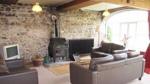 A cozy living room with a stone wall, a fireplace, a sofa, and a television. - Glynhir Mansion (Ammanford)