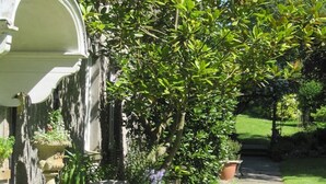 A garden with a bench, a pathway, and a building with a white facade. - Glynhir Mansion (Ammanford)