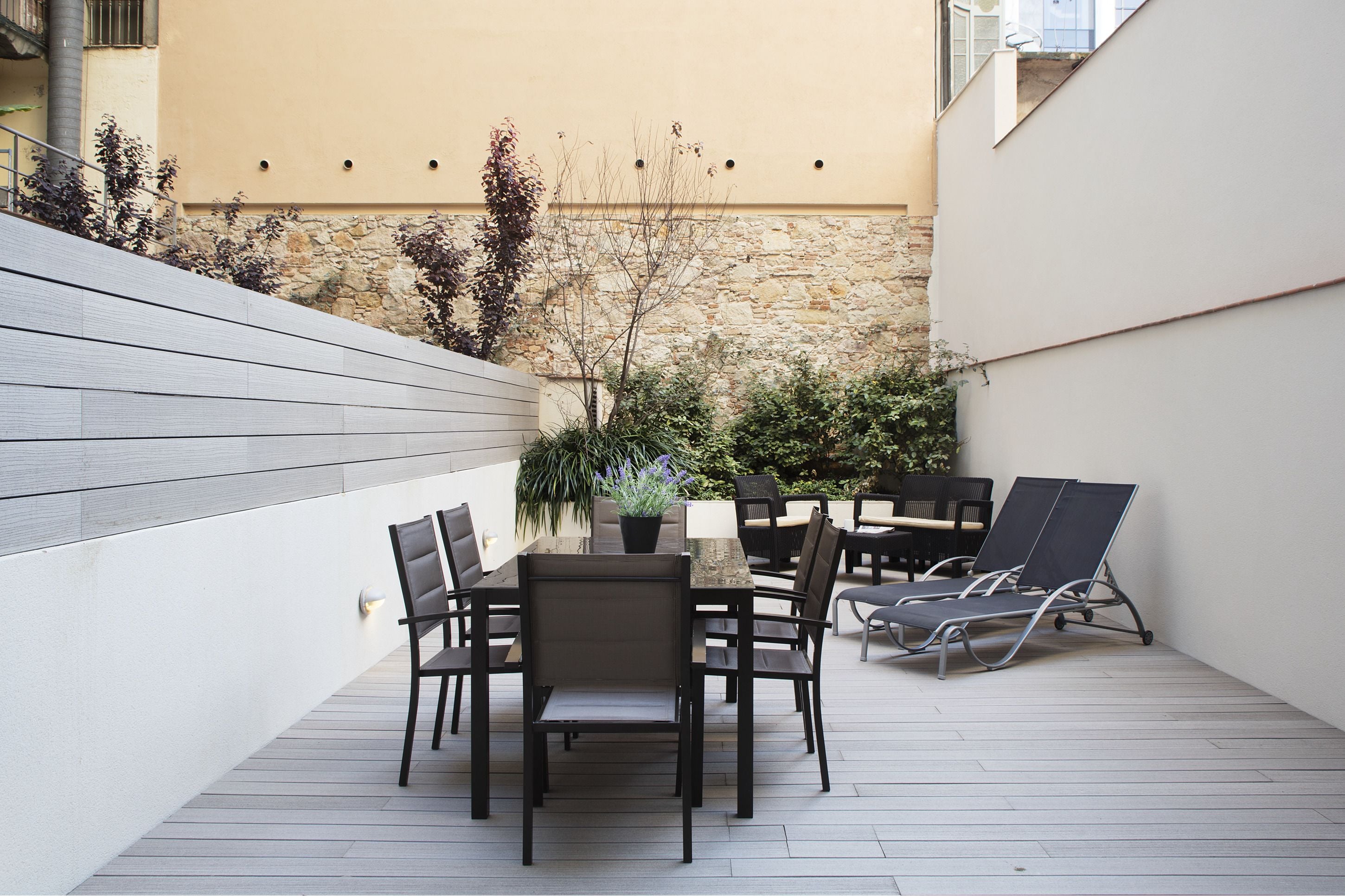 Terrassa exterior amb taula i cadires, una planta en test i una paret de pedra.