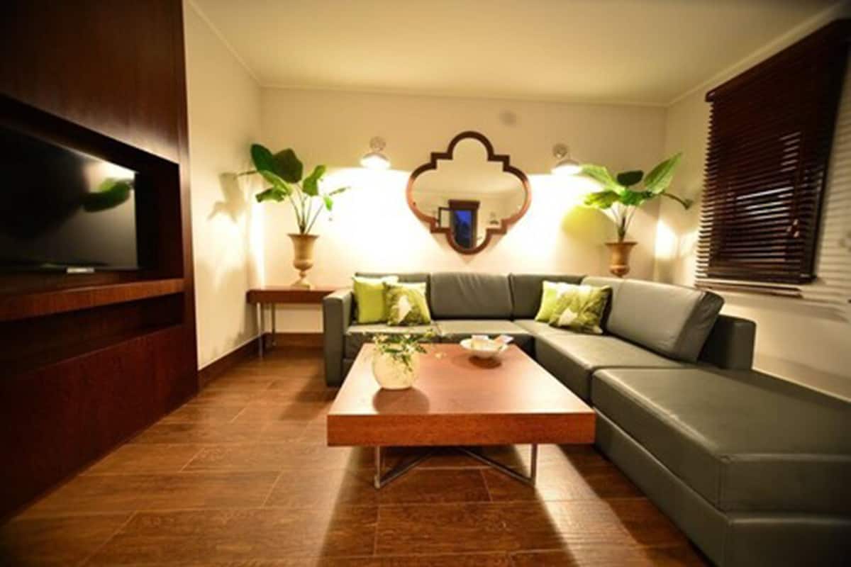 Ein Wohnzimmer mit einer Couch, einem Couchtisch, einem Fernseher und zwei Zimmerpflanzen.