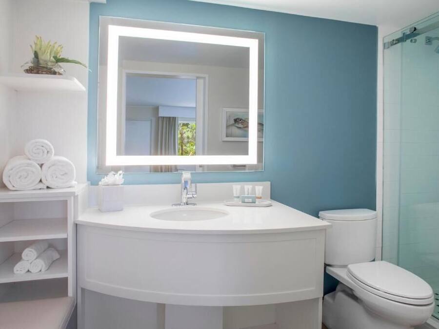 A modern bathroom with a white sink, a large mirror, and a glass shower enclosure.