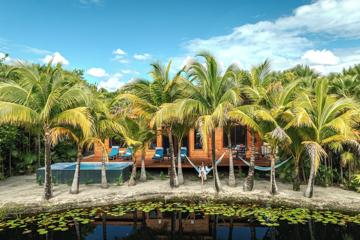 A wooden house surrounded by palm trees and a swimming pool.