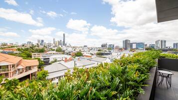 A rooftop garden with a view of a city skyline, including modern buildings and a mix of residential and commercial structures.