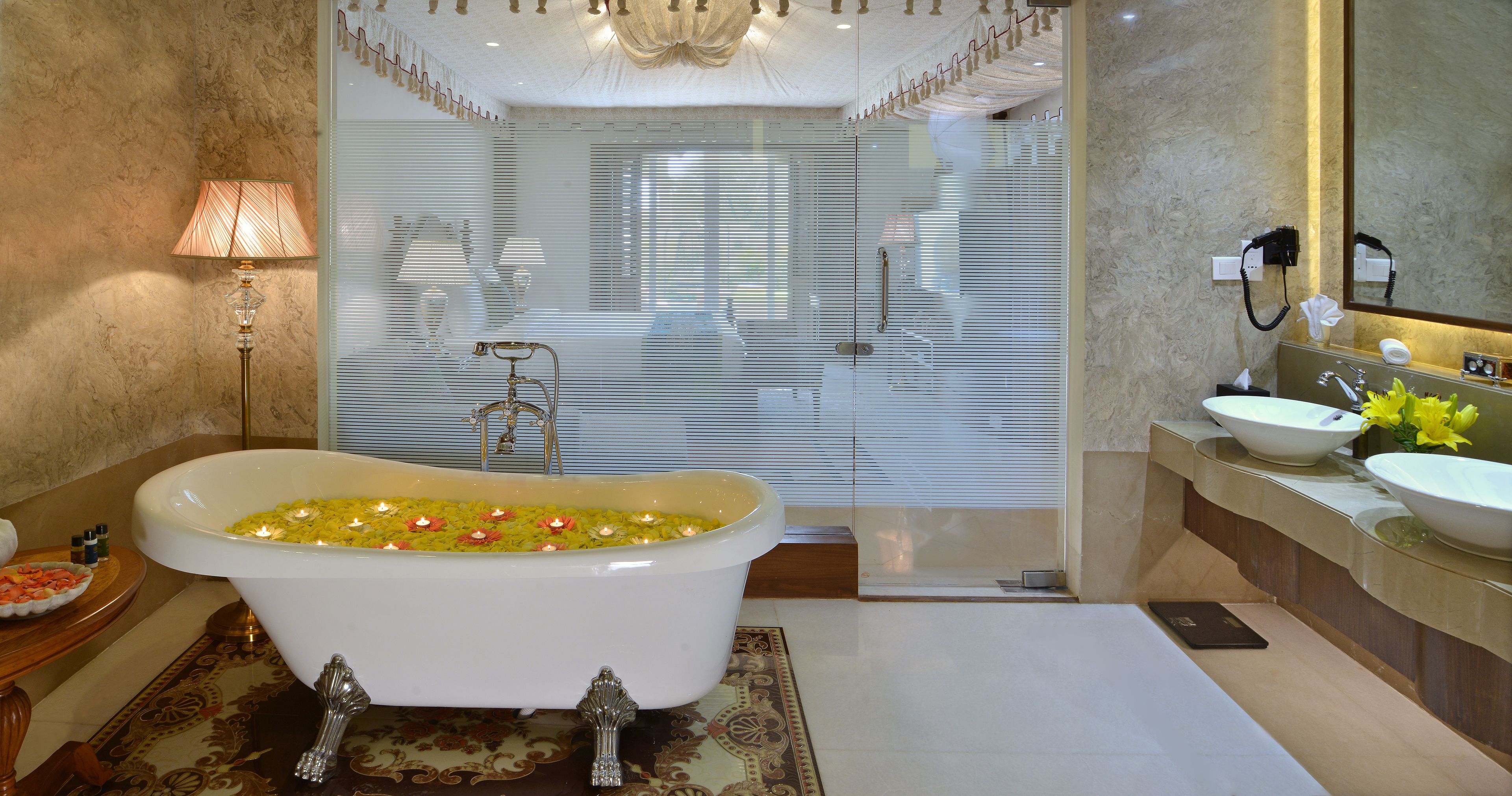 combined shower/bathtub, free toiletries, hair dryer, bathrobes