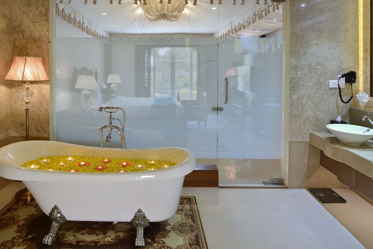 combined shower/bathtub, free toiletries, hair dryer, bathrobes