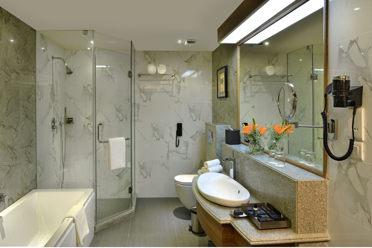 A modern bathroom with a glass-enclosed shower, a bathtub, a toilet, and a vanity with a sink and mirror.