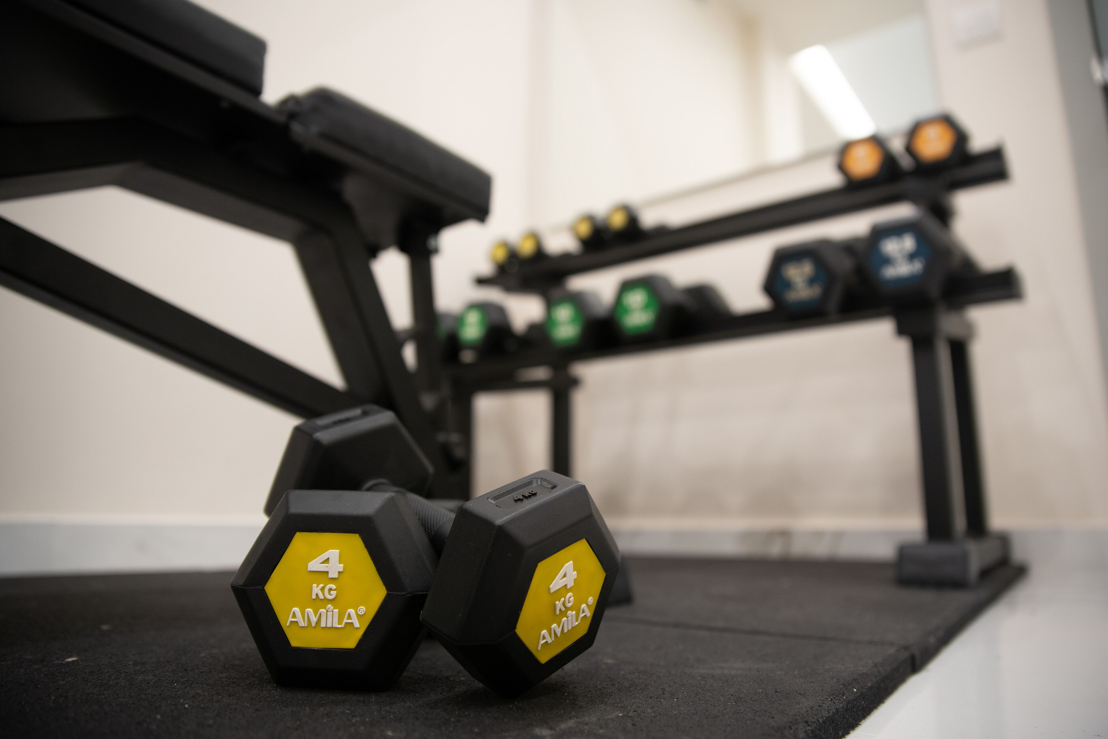 Two 4 kg Amila dumbbells on a black mat with a weight rack in the background.