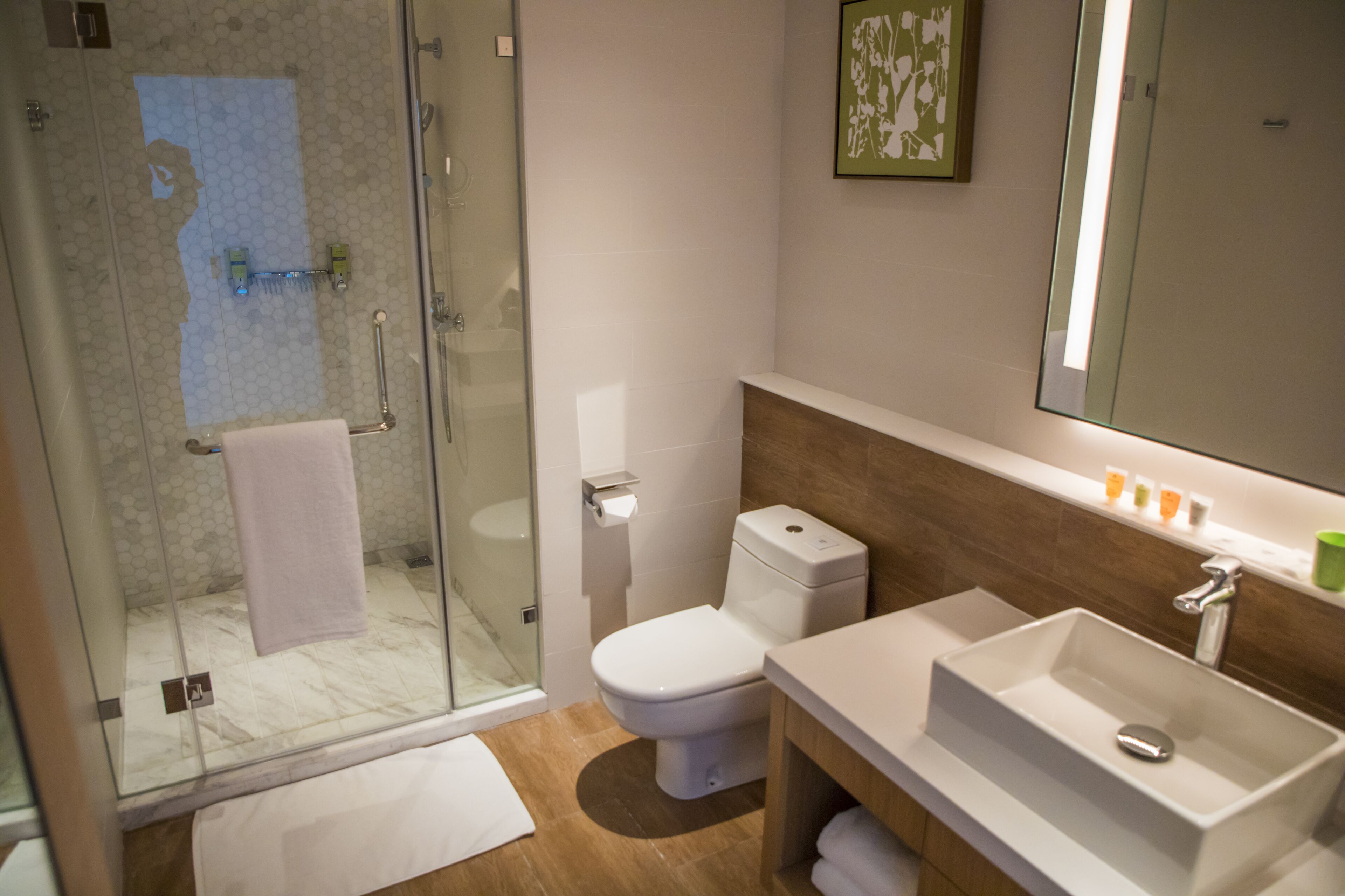Une salle de bain moderne avec une douche à parois de verre, des toilettes et un lavabo avec un miroir au-dessus.