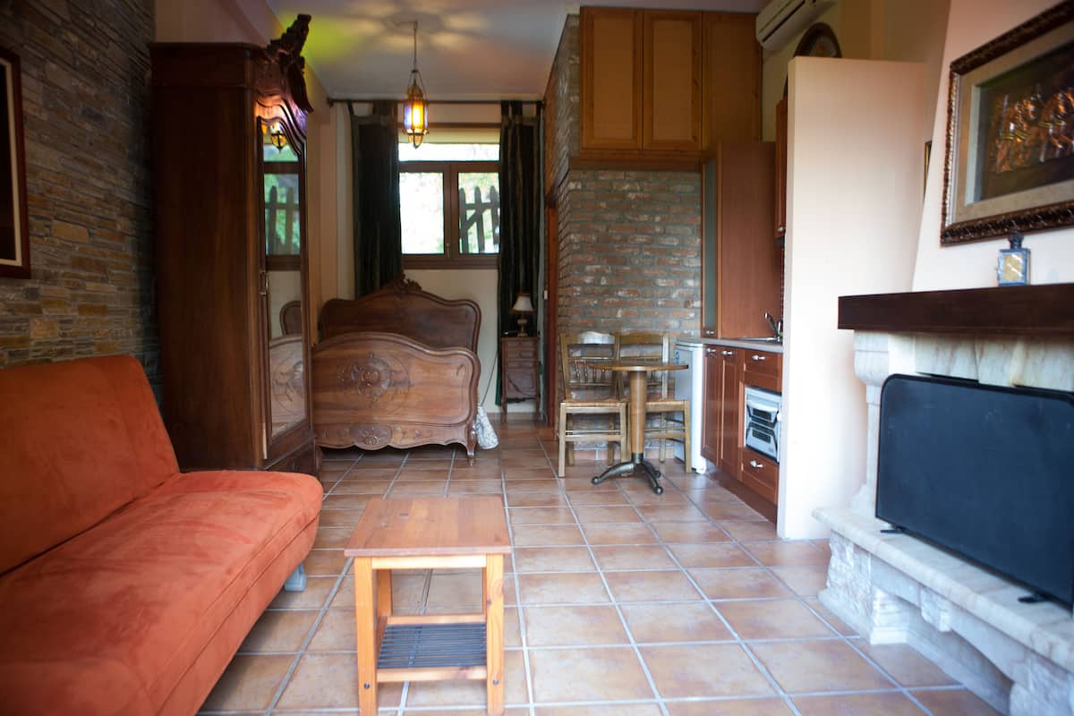 Suite estudio clásica, 1 cama doble con sofá cama, chimenea, vistas a la montaña | Zona de estar | Una televisión de pantalla plana