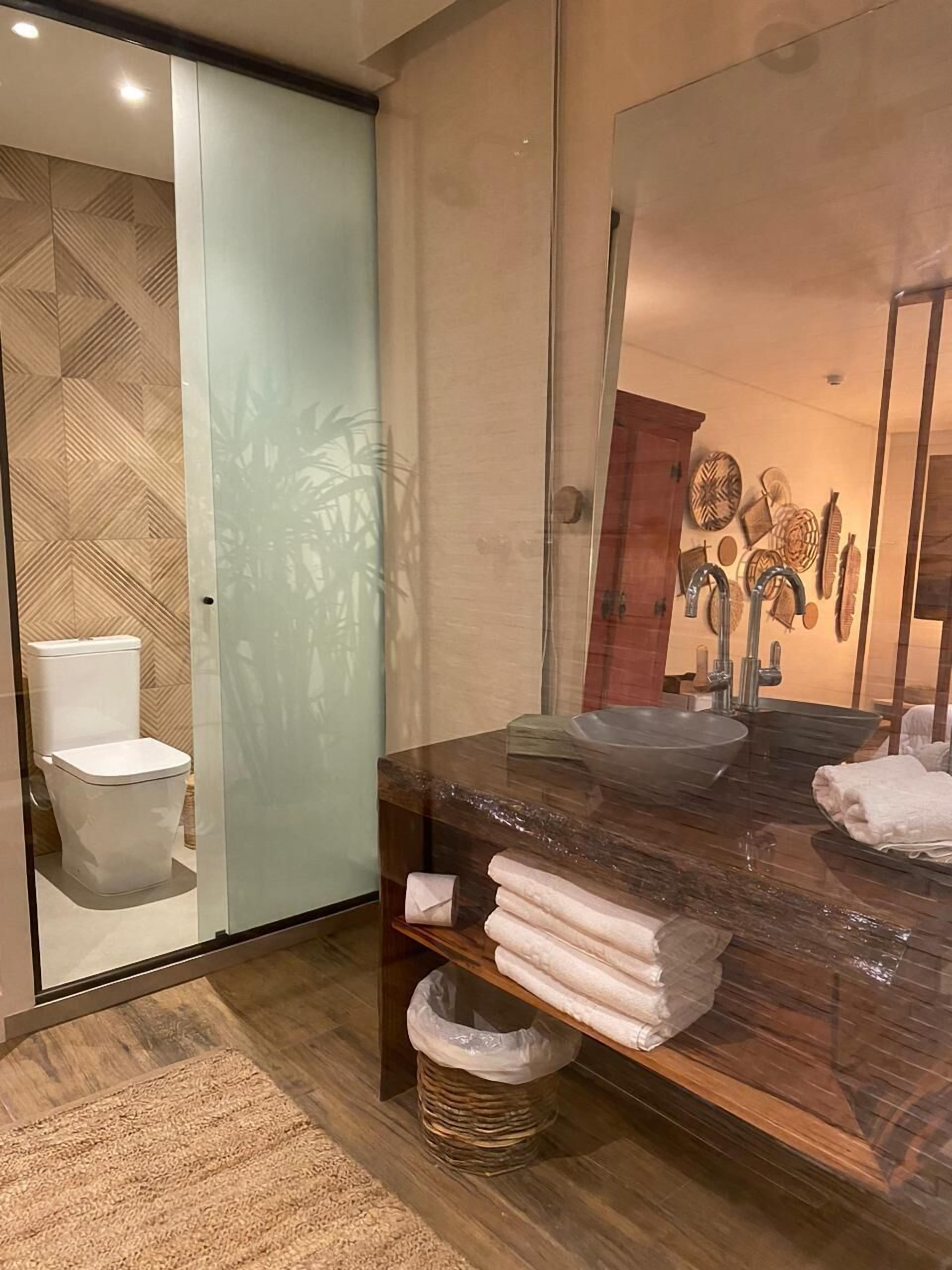 Une salle de bain moderne dotée d’une douche à parois de verre, d’un meuble-lavabo en bois avec un grand miroir et de toilettes visibles à travers le verre.