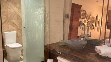 Une salle de bain moderne dotée d’une douche à parois de verre, d’un meuble-lavabo en bois avec un grand miroir et de toilettes visibles à travers le verre.