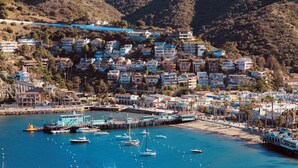 Un pueblo costero con un puerto deportivo, barcos y edificios residenciales.