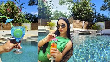 Utendørsbasseng og solsenger