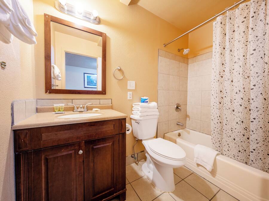 A bathroom with a wooden vanity, a toilet, a bathtub, and a shower curtain.