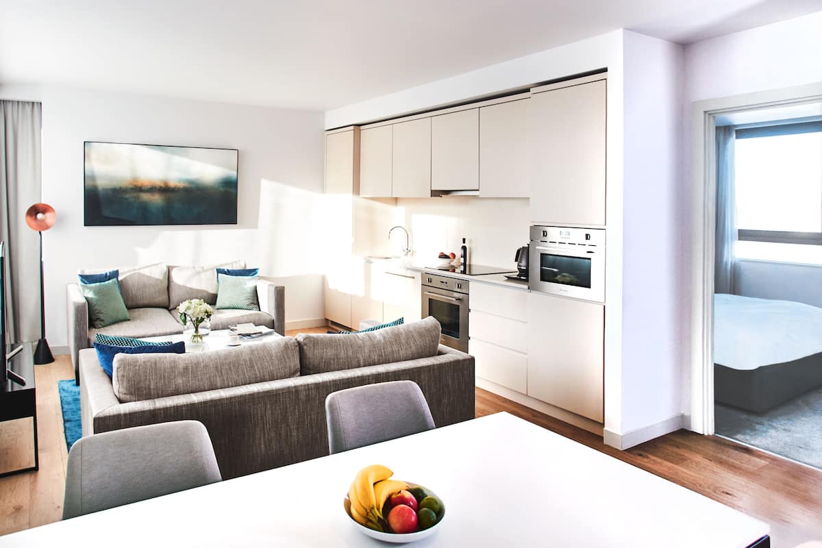 A modern apartment with a living area, kitchenette, and a dining space.