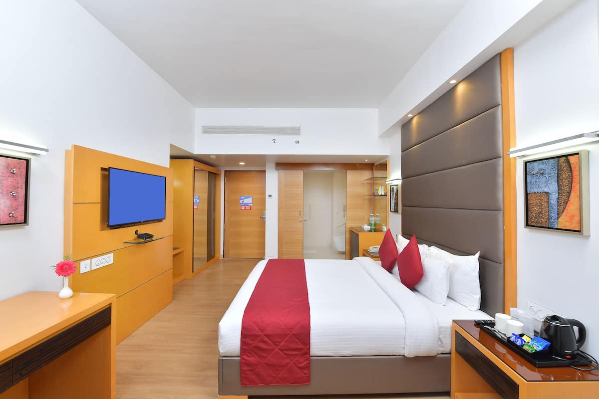 Habitación de hotel con cama, mesita de noche, televisor y un adorno rojo en la pared.