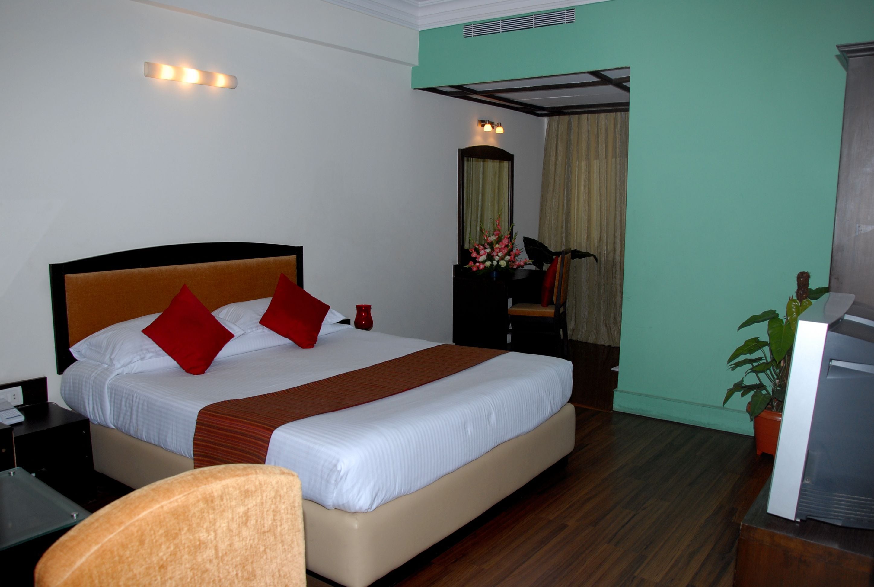 A hotel room with a large bed, a desk, a chair, a TV, and a potted plant.