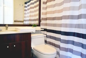 Ensemble douche/baignoire, sèche-cheveux, serviettes fournies