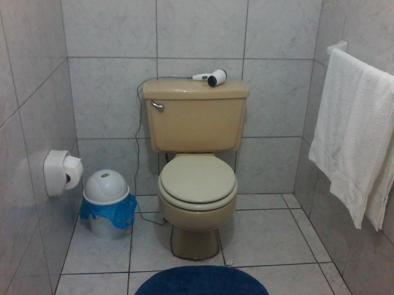 Un baño con un inodoro, un bote de basura azul y una toalla blanca colgada en la pared.