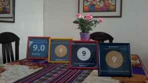 Una mesa con premios enmarcados de 2015 a 2018, una planta en maceta con rosas rosadas y un cuadro colgado en la pared.