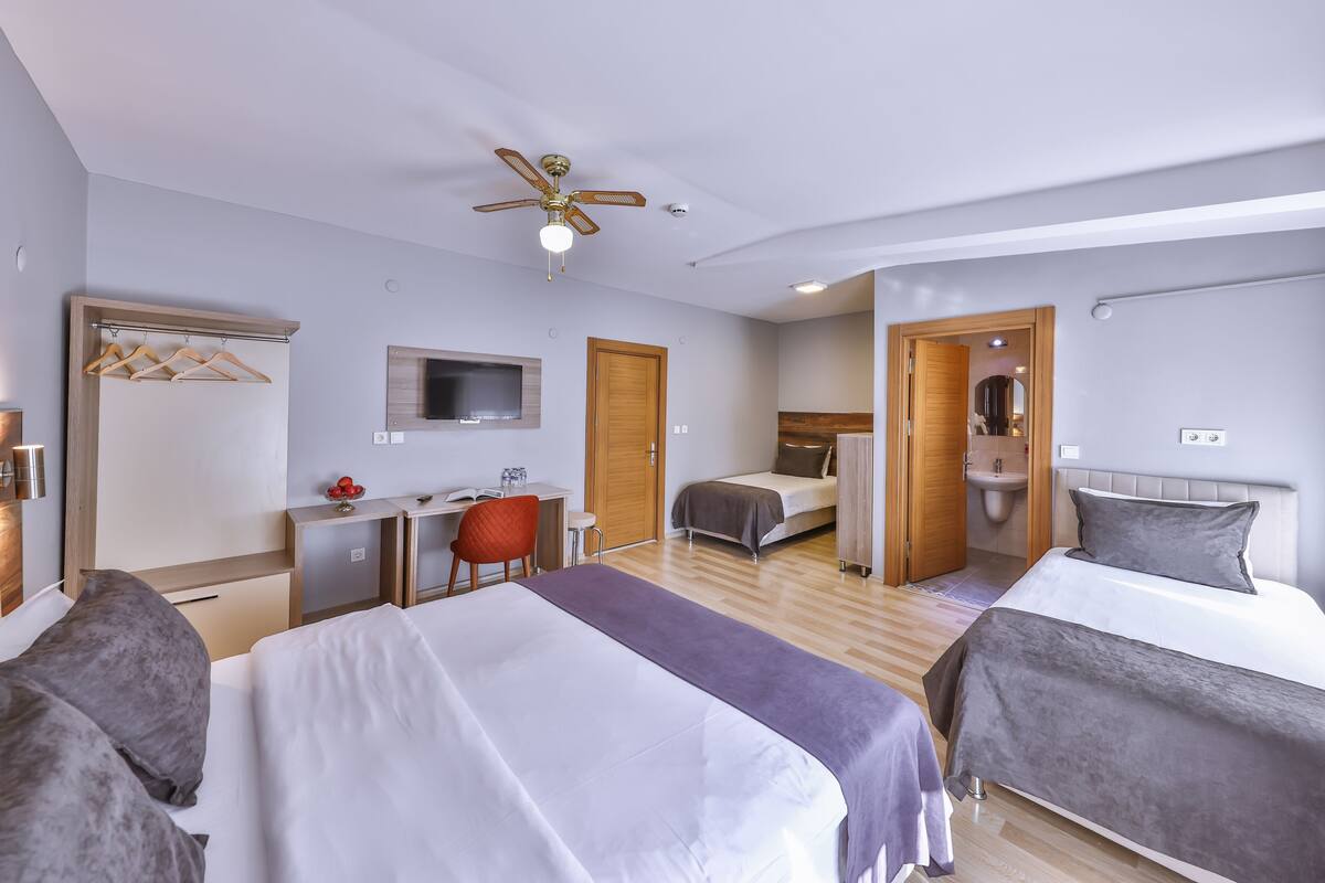 A hotel room with two beds, a desk, a chair, a TV, and a ceiling fan.