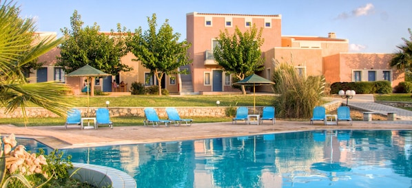 Outdoor pool, pool umbrellas, pool loungers