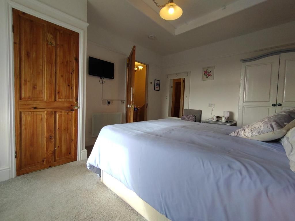 Un dormitorio con una cama grande, un armario de madera, un televisor y una puerta que da a otra habitación.