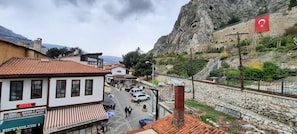 A street with buildings, a flag, and a mountain.