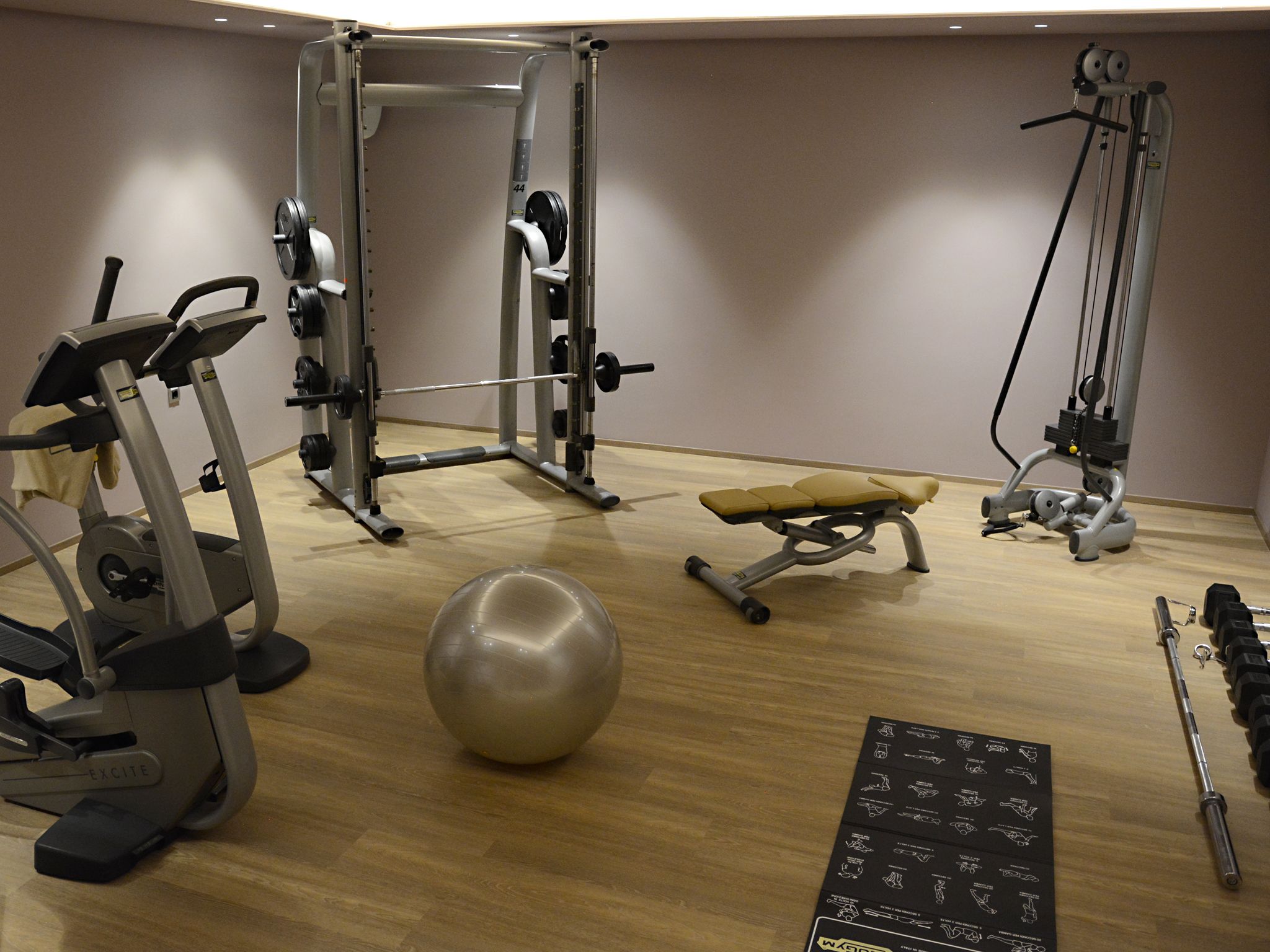 Een sportschool met diverse fitnessapparaten, waaronder een loopband, krachttoestellen, een bankje en een medicine ball.