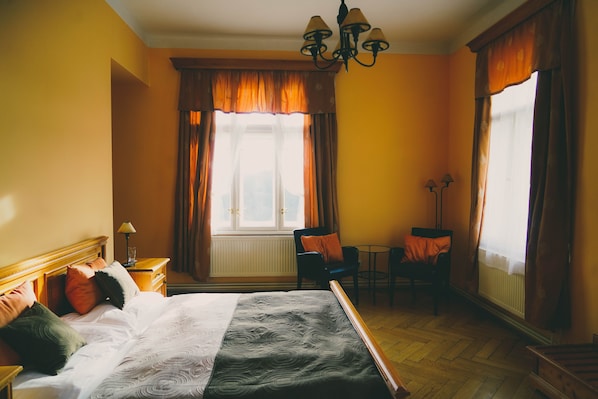 2 bedrooms, desk, blackout curtains, iron/ironing board