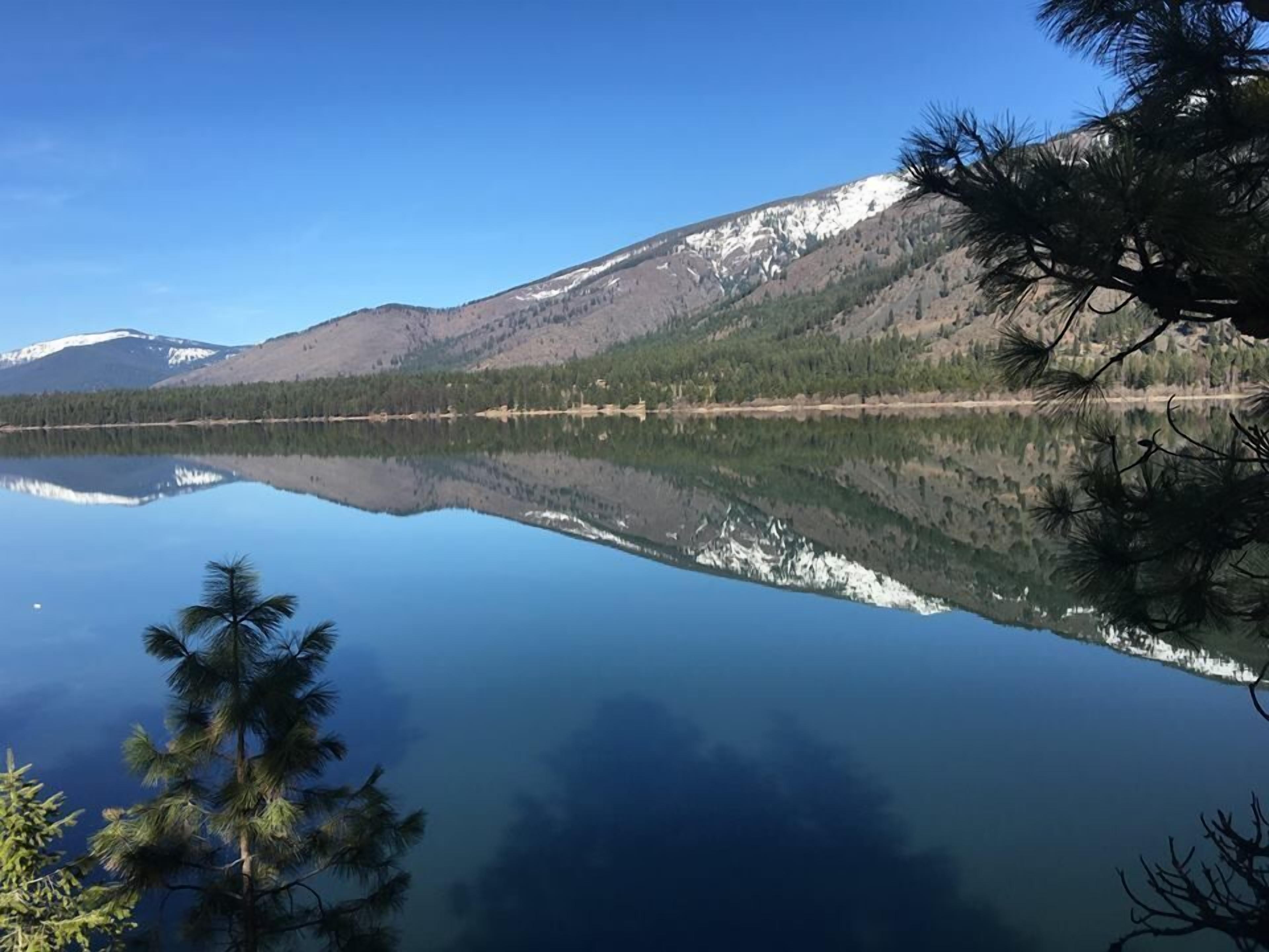Un lago tranquillo con i riflessi di montagne e alberi.