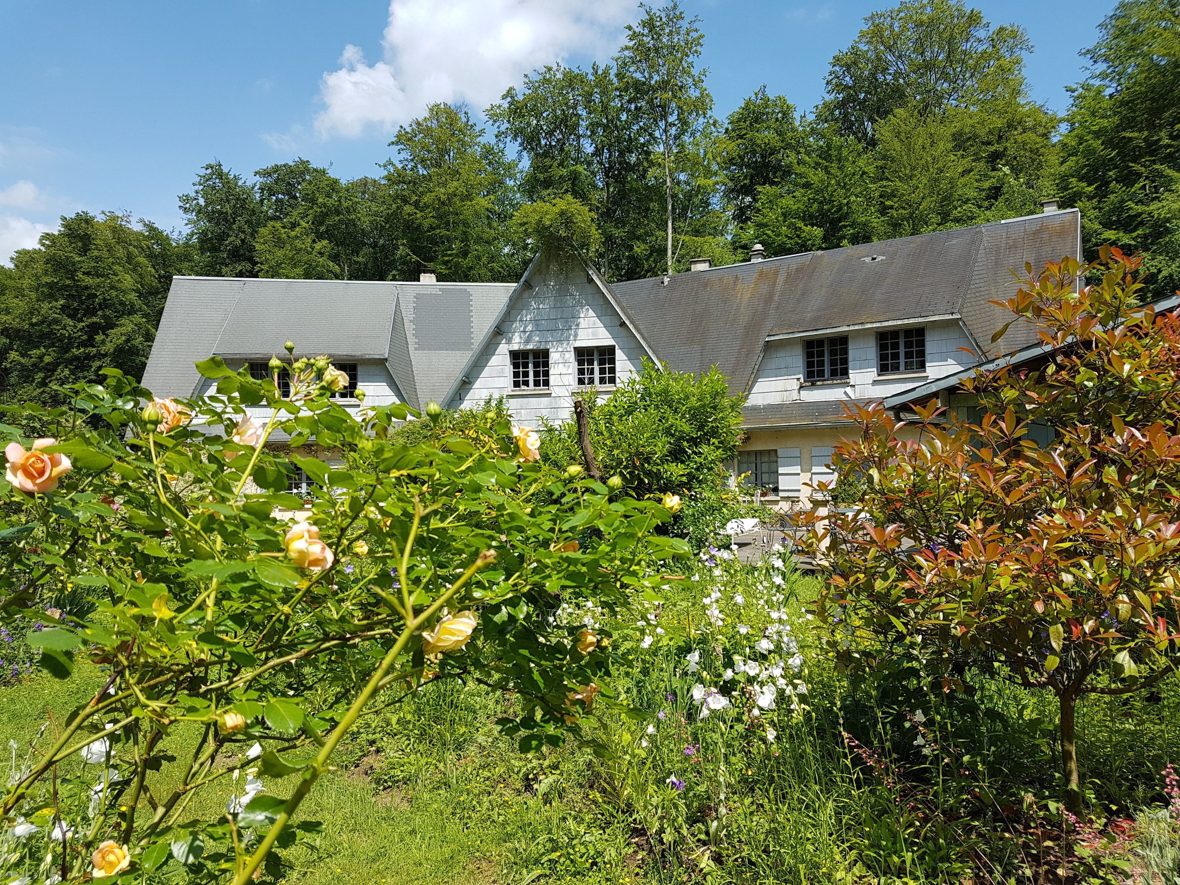 A large house with a grey roof and multiple windows, surrounded by lush greenery and flowering plants.