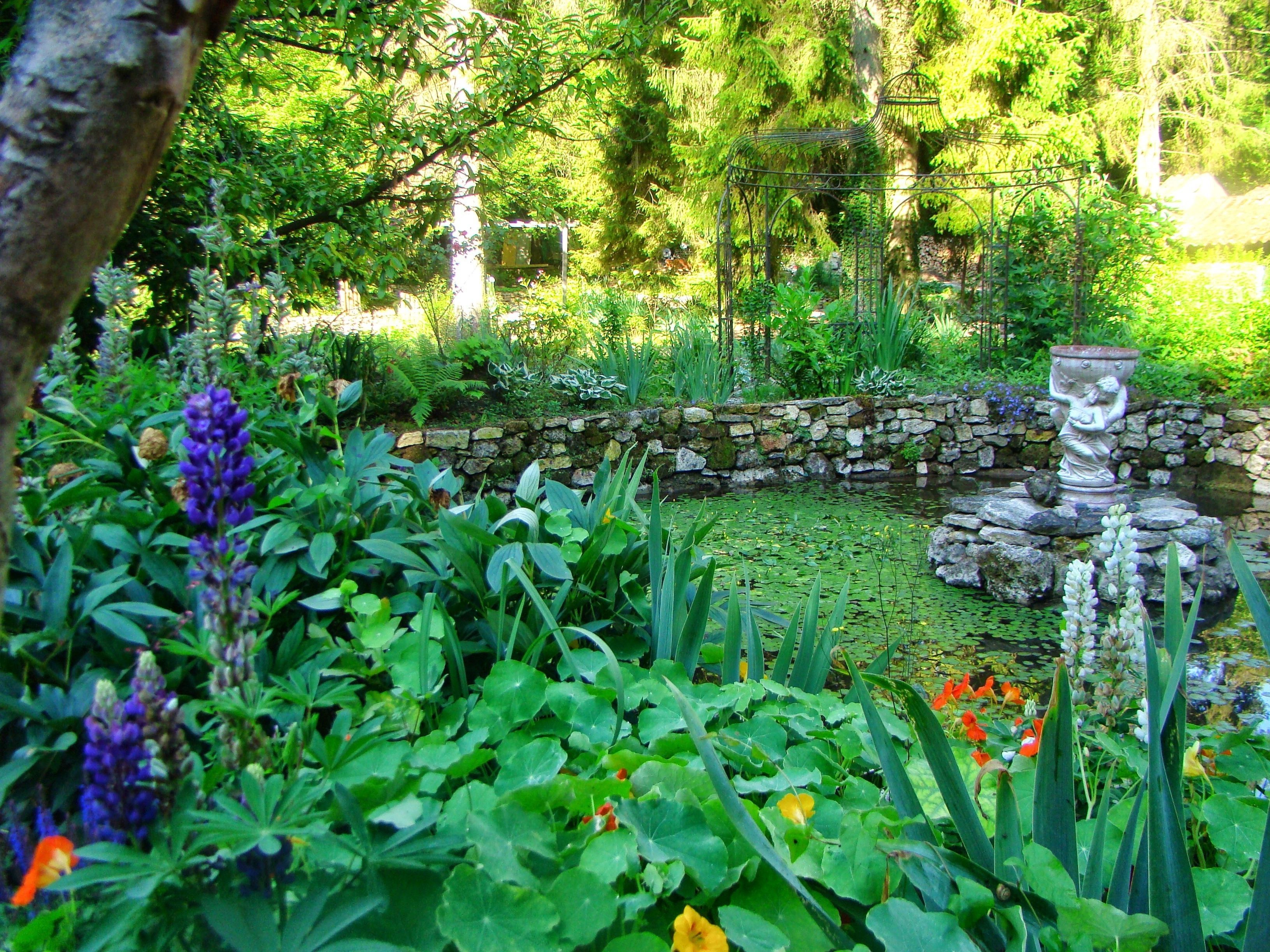 A garden with a pond, stone wall, and a statue.