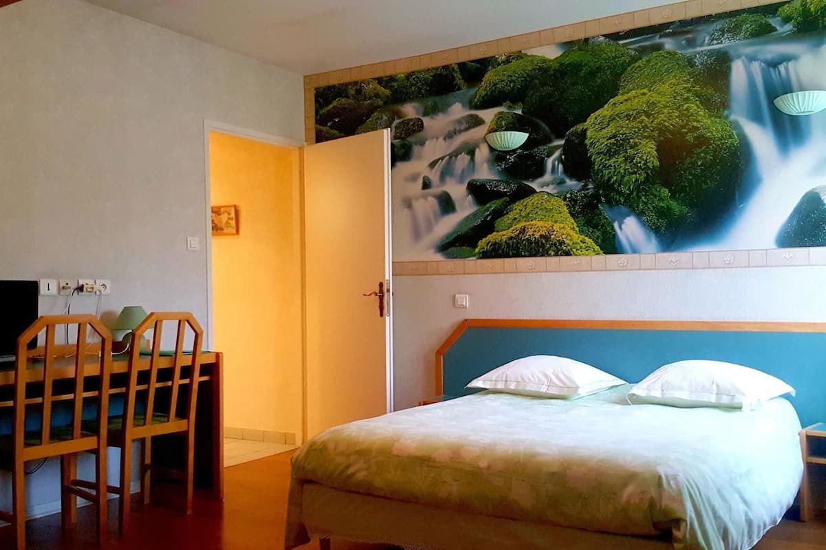 Een slaapkamer met een bed, een bureau met stoelen en een muurschildering van een waterval.