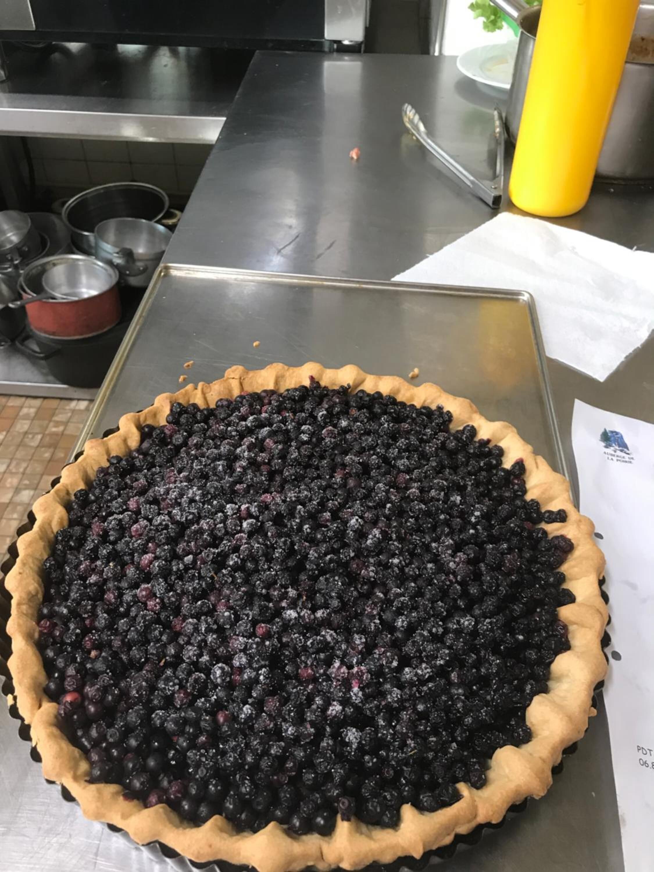 Ein Kuchen mit knusprigem Teig und Blaubeerfüllung auf einer Metallplatte.