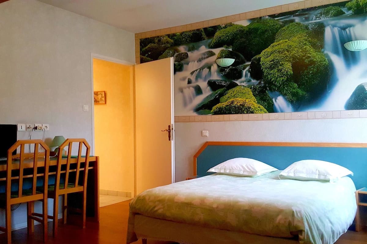 Een slaapkamer met een bed, een bureau met stoelen en een muurschildering van een waterval.