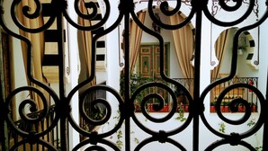 A view through ornate iron gates into a room with a green door, a window with red curtains, and potted plants. - El Patio Courtyard House (Tunis)