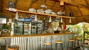 Una zona de bar con techo de madera, decoraciones de peces, una vitrina refrigerada y taburetes.