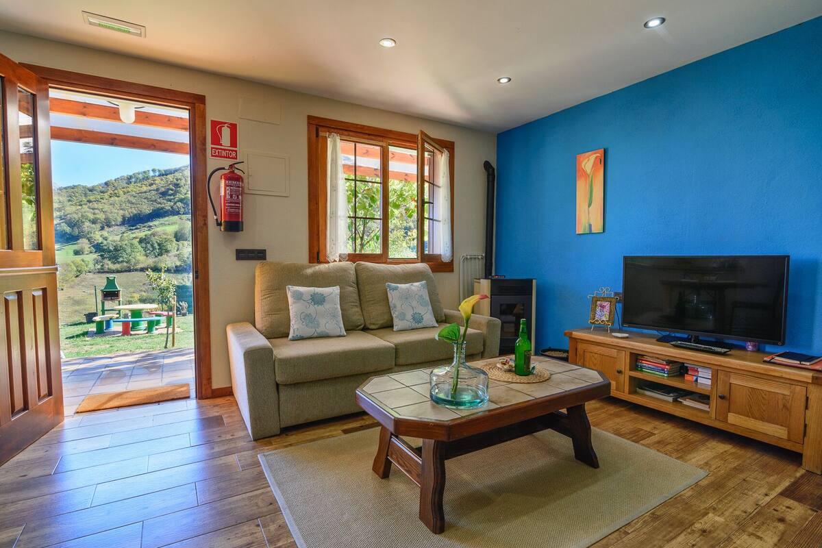 A living room with a sofa, a coffee table, a TV, and a fireplace. There is a window with a view of a green landscape.