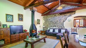 A cozy living room with a stone wall, wooden furniture, a fireplace, and a television. - Apartamentos Rurales Balcón Real (Teverga)
