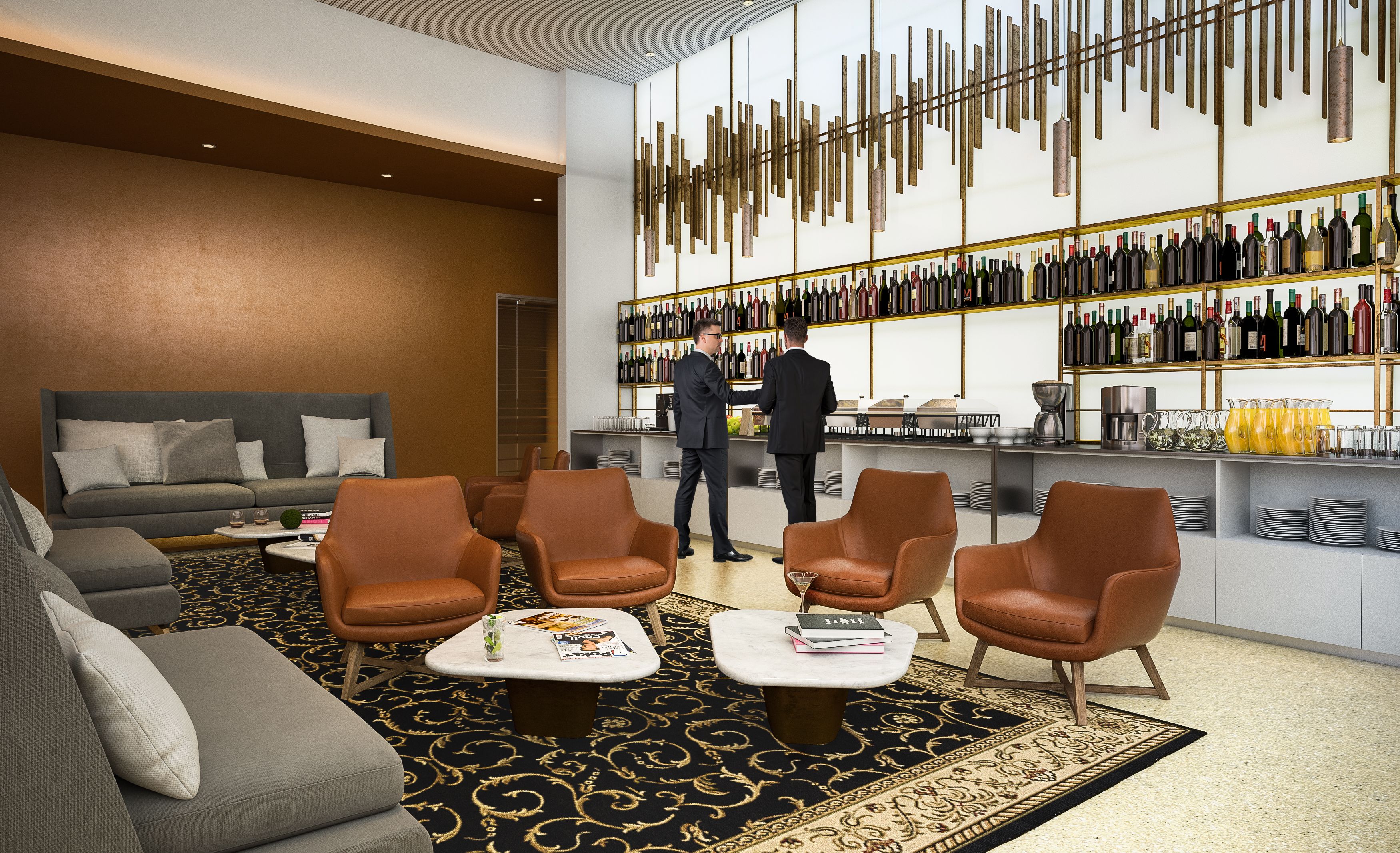 Un área de estar moderna con sillones de cuero, un sofá y una barra con exhibición de vinos.