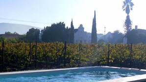 Una piscina con vista su un vigneto e una chiesa sullo sfondo.