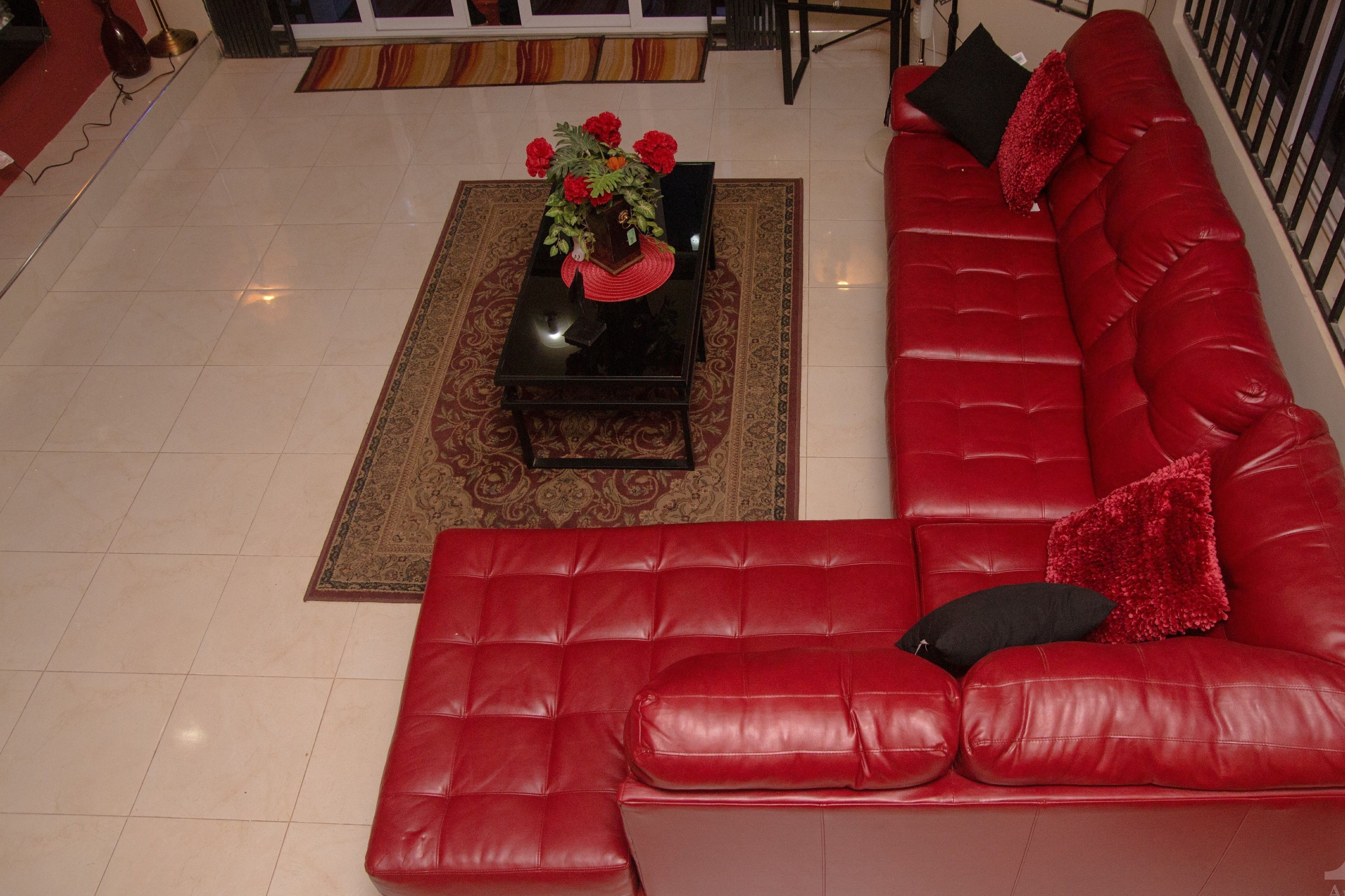 A red leather sofa, a black coffee table with a floral centerpiece, and a patterned rug in a modern living room.