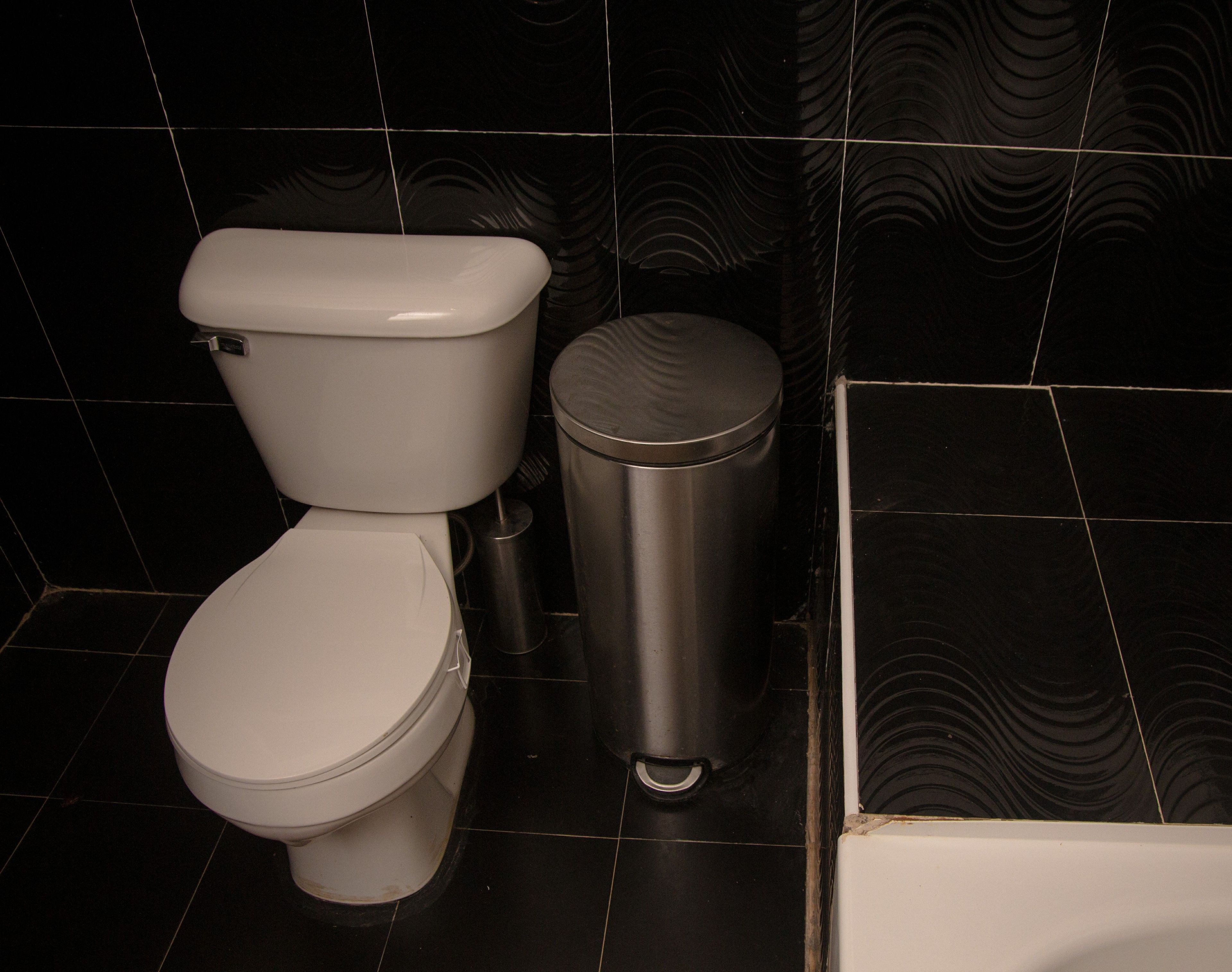 Un inodoro, un bote de basura y una bañera en un baño con baldosas negras estampadas.