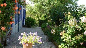 Een tuinpad met grind, omringd door weelderig groen en bloeiende planten.