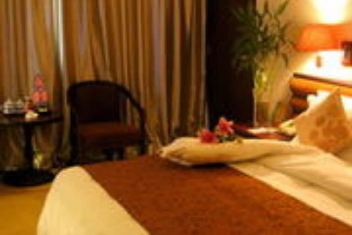 Una habitación de hotel con una cama, una silla, una mesa con lámpara y una planta.