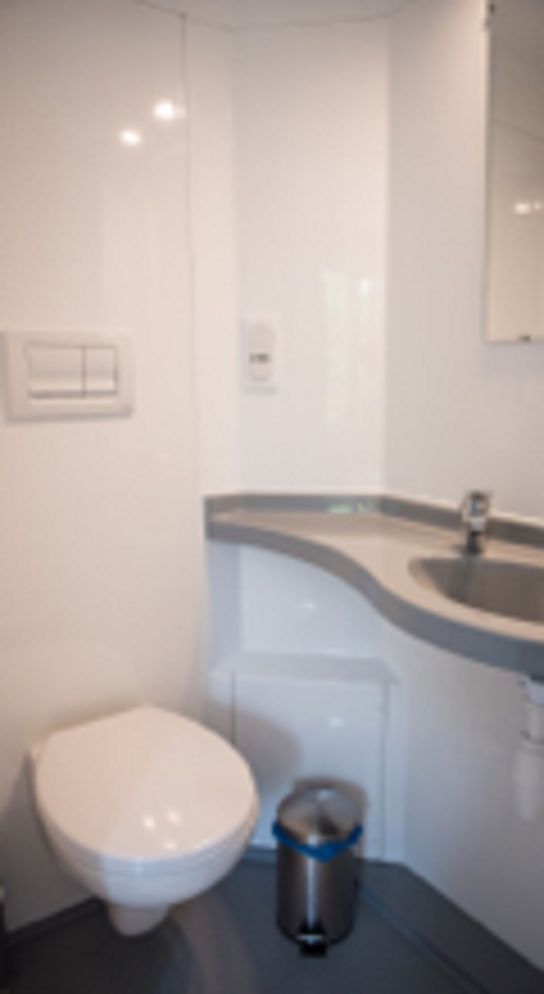 A small, modern bathroom with a white toilet, a sink, and a trash bin.