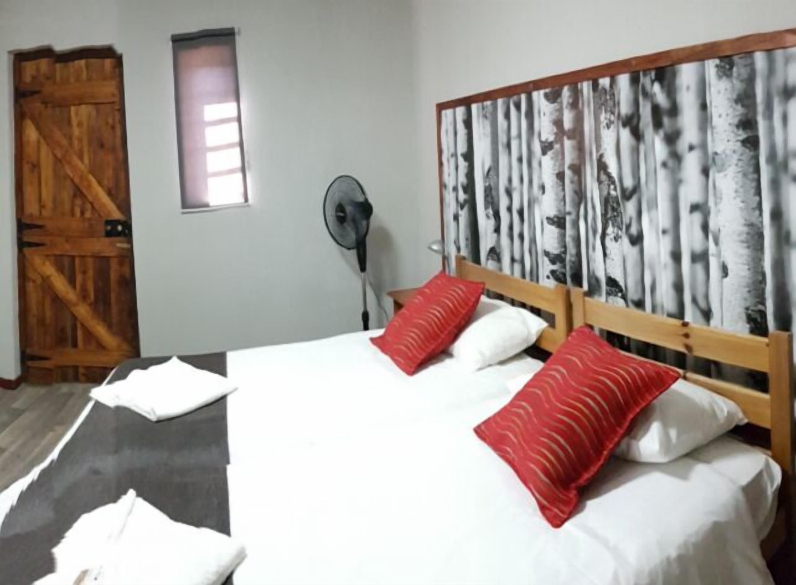 A bedroom with a wooden bed, two red pillows, a white bedspread, a black and white patterned headboard, a wooden door, and a window with blinds.